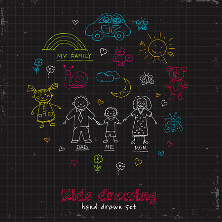 Kids Drawings doodle set. Vintage illustration for identity, design, decoration, packages product and interior decoratingのイラスト素材