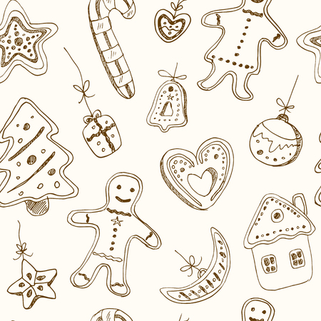 Doodle Christmas elements seamless pattern. Vintage illustration for identity, design, decoration, packages product and interior decoratingのイラスト素材