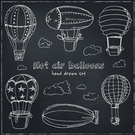 Hot Air Balloons doodle set. Vintage illustration for identity, design, decoration, packages product and interior decoratingのイラスト素材