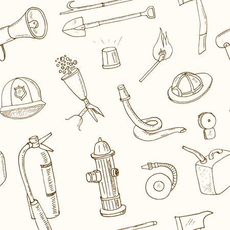 Doodle fire fighting tools seamless pattern Vintage illustration for identity, design, decoration, packages product and interior decoratingのイラスト素材