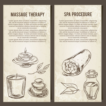 Massage, SPA and relax procedure. Set of vector cards template. Hand drawn elements. Natural stones, towel, candle, oil in bottle. Vector illustration in sketch style.のイラスト素材