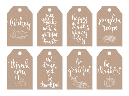 Thanksgiving day vintage gift tags and cards with calligraphy. Handwritten lettering. Hand drawn design elements. Printable itemsのイラスト素材