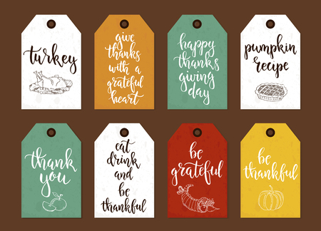Thanksgiving day vintage gift tags and cards with calligraphy. Handwritten lettering. Hand drawn design elements. Printable itemsのイラスト素材