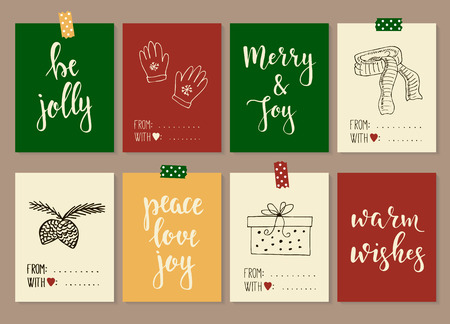 Merry Christmas and Happy New Year vintage gift tags and cards with calligraphy. Handwritten lettering. Hand drawn design elements. Printable itemsのイラスト素材