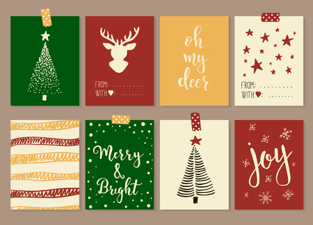 Merry Christmas and Happy New Year vintage gift tags and cards with calligraphy. Handwritten lettering. Hand drawn design elements. Printable itemsのイラスト素材