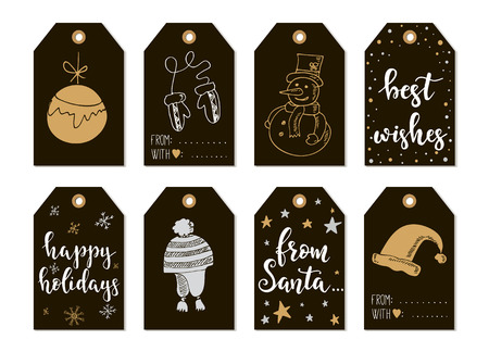 Merry Christmas and Happy New Year vintage gift tags and cards with calligraphy. Handwritten lettering. Hand drawn design elements. Printable itemsのイラスト素材