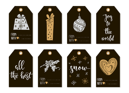 Merry Christmas and Happy New Year vintage gift tags and cards with calligraphy. Handwritten lettering. Hand drawn design elements. Printable itemsのイラスト素材