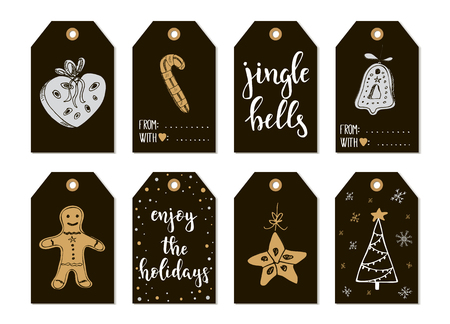 Merry Christmas and Happy New Year vintage gift tags and cards with calligraphy. Handwritten lettering. Hand drawn design elements. Printable itemsのイラスト素材