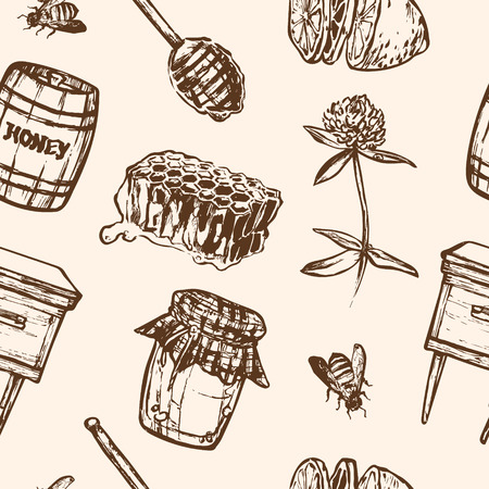 Vector Seamless pattern with honey elements set. Honey jar spoon stick cells clover beehive bee lemon keg. Illustration for menus, recipes and packages productのイラスト素材