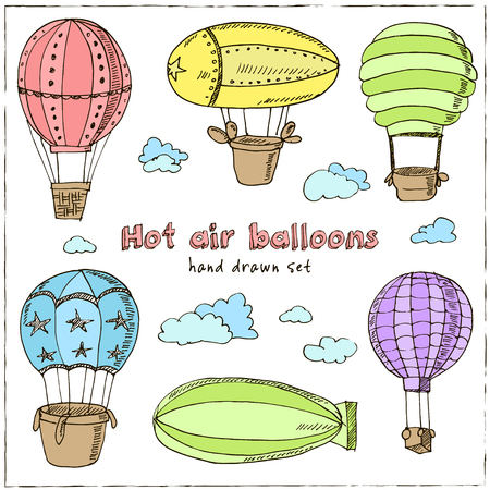 Hot Air Balloons doodle set. Vintage illustration for identity, design, decoration, packages product and interior decoratingのイラスト素材