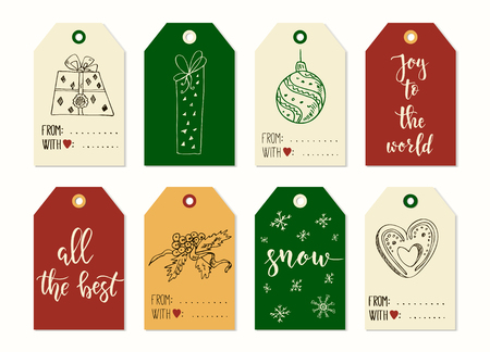 Merry Christmas and Happy New Year vintage gift tags and cards with calligraphy. Handwritten lettering. Hand drawn design elements. Printable itemsのイラスト素材