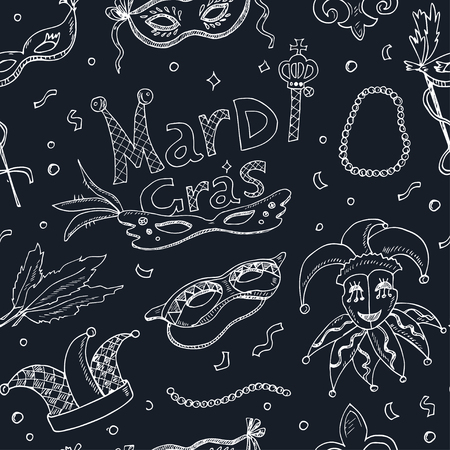 Mardi Gras traditional symbols collection. Carnival masks, party decorations. Vector illustration isolated on white background.のイラスト素材