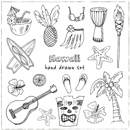 Hawaii Symbols and Icons, including Hula skirt, tiki gods, totem pole, drums, guitar, palmのイラスト素材
