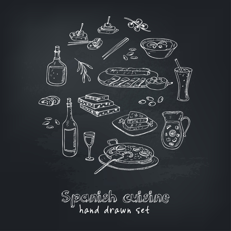 Vector hand drawn set of spanish cuisine: soup, liver in garlic Paella, meal with rice and seafood, fried cookie churros.の写真素材
