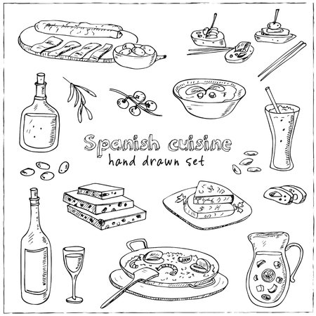 Vector hand drawn set of spanish cuisine. soup, liver in garlic Paella, meal with rice and seafood, fried cookie churros.のイラスト素材