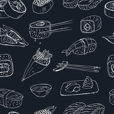 Japanese seafood sushi rolls seamless pattern with salmon, smoked eel, selective food vector.のイラスト素材