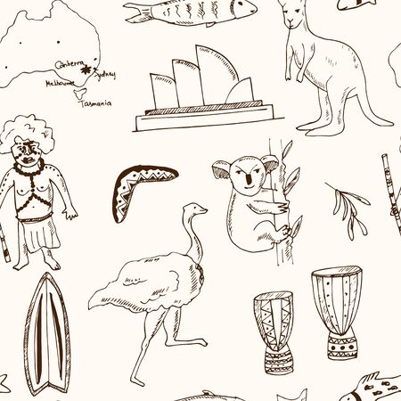 Collection of Australia doodle vector seamless patternのイラスト素材
