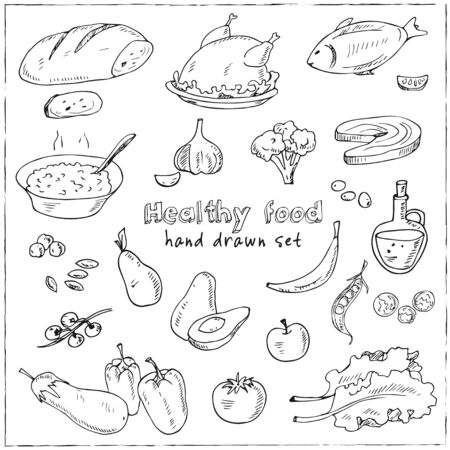 Vector hand drawn set of healthy food vegetables, fruits, meat.のイラスト素材