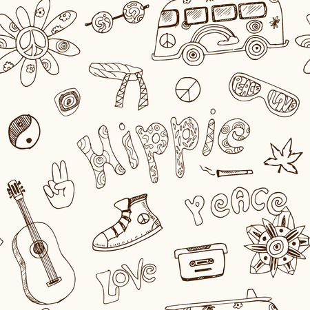 Vector hand drawn Doodle cartoon seamless pattern hippie objects and symbolsのイラスト素材