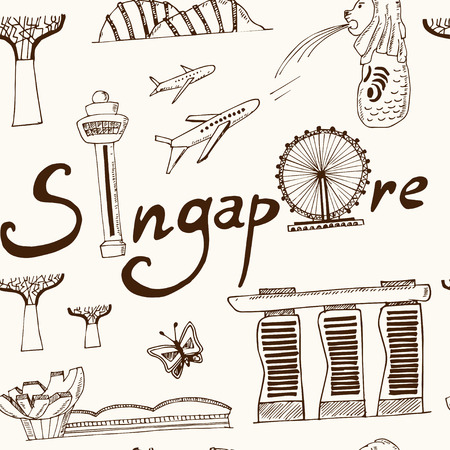 Set of Singapore hand drawn icons Vector seamless patternのイラスト素材