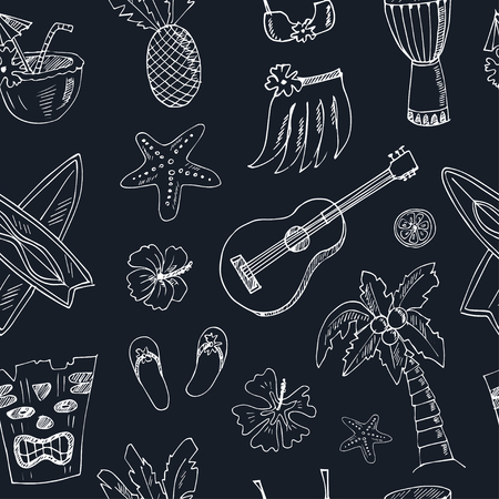 Hawaii seamless pattern, including Hula skirt, tiki gods, totem pole, drums, guitar, palmのイラスト素材