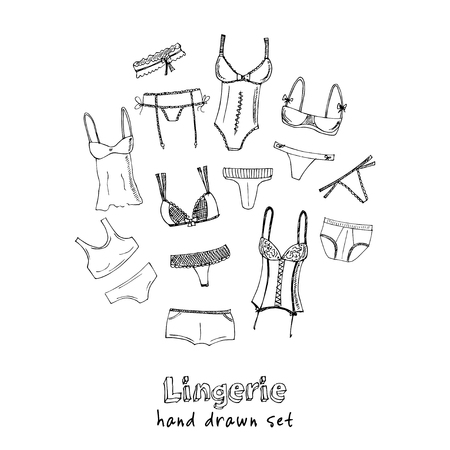Collection of doodle lingerie. Panty and bra set. Vector illustrationsのイラスト素材