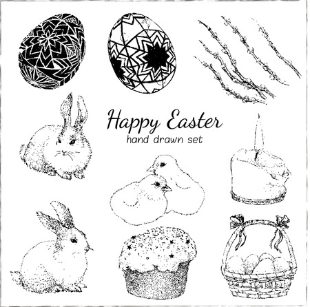 Happy Easter set with egg, flower, rabbit, candle, bunny, chicken.のイラスト素材