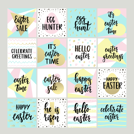 Set with Happy Easter gift tags and cards with calligraphy. Handwritten lettering. Hand drawn design elements. Printable items.のイラスト素材