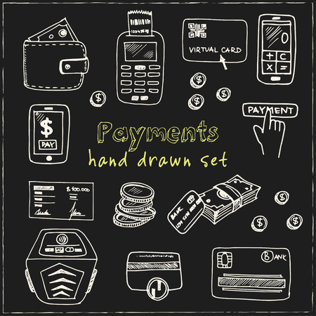 Symbol collection of mode of payments, money elements in hand drawn, black and white illustration, isolated elements on black background.のイラスト素材