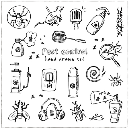 Symbol collection of pest control elements in hand drawn, black and white illustration, isolated elements on white background.のイラスト素材