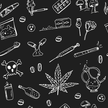 Hand drawn doodle drug addiction seamless pattern Vector illustration. Symbol collection.のイラスト素材