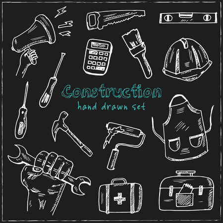 Construction Hand drawn doodle set. Vector illustration. Isolated elements on blackboard background. Symbol collection.のイラスト素材