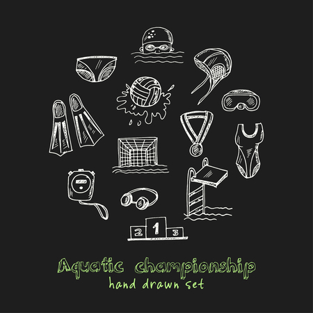 Aquatic championship Hand drawn doodle set. Vector illustration. Isolated elements on black background. Symbol collection.のイラスト素材