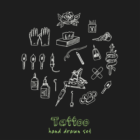 Tattoo Hand drawn doodle set. Vector illustration. Isolated elements on black background. Symbol collection.のイラスト素材