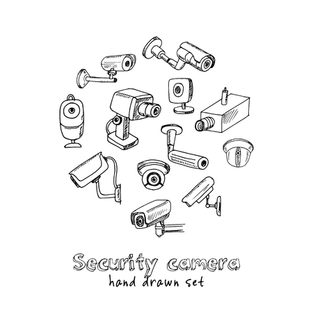 Hand drawn doodle security cameras set. Vector illustration. Isolated elements on white background. Symbol collection.のイラスト素材