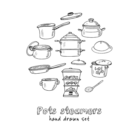 Hand drawn doodle pots steamers set. Vector illustration. Isolated elements on white background. Symbol collection.のイラスト素材