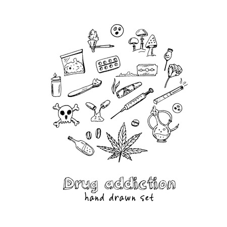 Hand drawn doodle drug addiction set. Vector illustration. Isolated elements on white background. Symbol collection.のイラスト素材