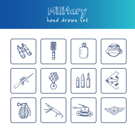 Military hand drawn doodle set. Sketches. Vector illustration for design and packages product. Symbol collection.のイラスト素材