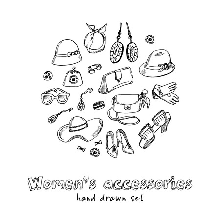 Women's accessories hand drawn doodle set. Vector illustration for design and packages product.のイラスト素材