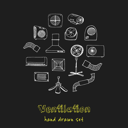 Ventilation hand drawn doodle set. Sketches. Vector illustration for design and packages product. Symbol collection. Isolated elements on chalkboard background.のイラスト素材