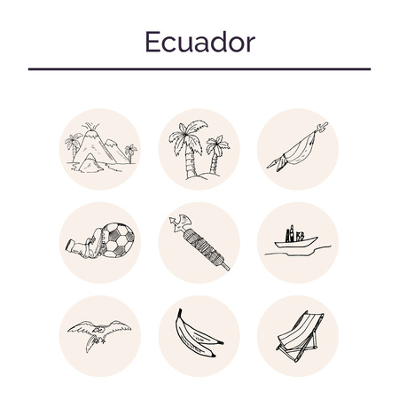 Ecuador hand drawn doodle set. Sketches. Vector illustration for design and packages product. Symbol collection. Isolated elements on white background.のイラスト素材