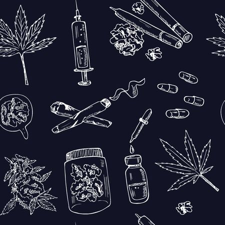 Cannabidiol icon set. Included icons as CBD, Cannabis, treatment, weed, tobacco and more. Hand drawn doodle set. Vector illustration. Isolated elements. Symbol collection.のイラスト素材
