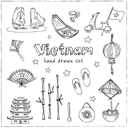 Vietnam hand drawn doodle set. Vector illustration. Isolated elements. Symbol collection.のイラスト素材