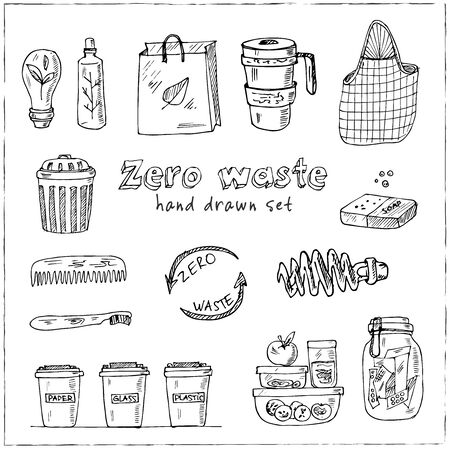 Vector Zero Waste design template set. Hand drawn doodle set. Vector illustration. Isolated elements. Symbol collection.のイラスト素材