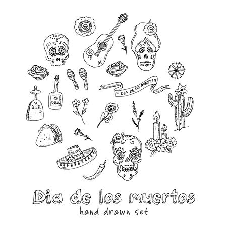 Day of the Dead (Dia de los Muertos) hand drawn doodle set. Vector illustration. Isolated elements on white background. Symbol collection.のイラスト素材