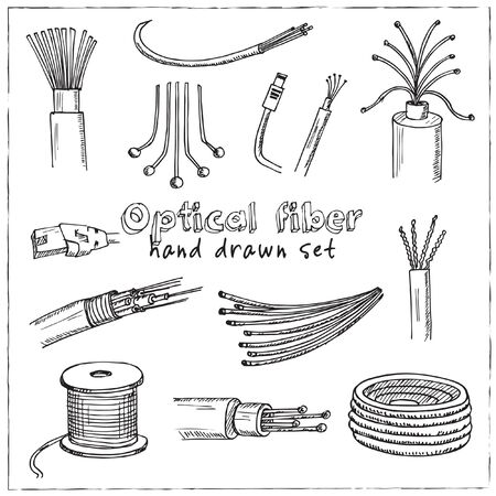 Optical fiber hand drawn doodle set. Vector illustration. Isolated elements on white background. Symbol collection.のイラスト素材