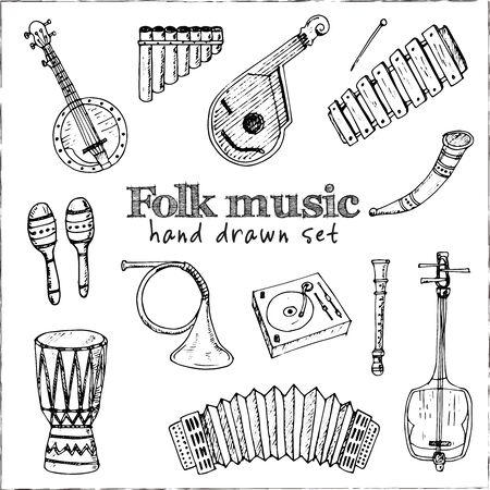 Folk music isolated hand drawn doodles Vector setのイラスト素材