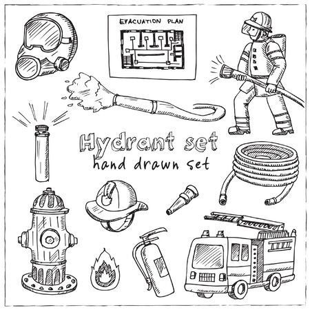 Hydrant hand drawn doodle set. Vector illustration. Isolated elements on white background. Symbol collection.のイラスト素材