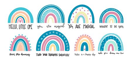 Baby vector illustration Hand drawn typography Rainbows poster set. Conceptual handwritten phrase Nursery hand lettered calligraphic design. Inspirational vector. Vector illustrationのイラスト素材