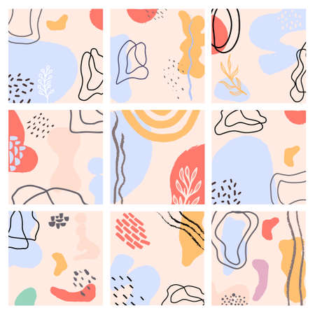 Abstract backgrounds set Hand drawn Modern trendy vector illustration with various shapes and doodle objects. Vector illustrationのイラスト素材